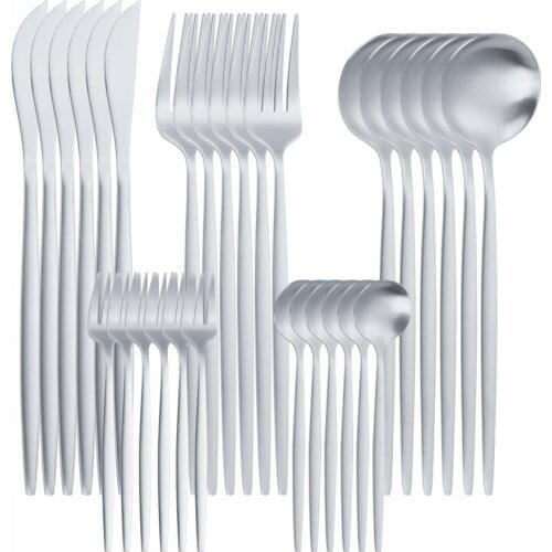 30Pcs Stainless Steel Cutlery Tableware Set Matte Silver Kitchen Dinnerware Dinner Flatware Forks Knives Spoons Set Silverware