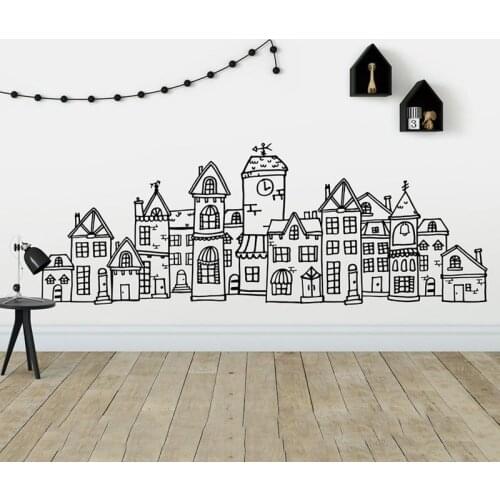 Scandinavian Style Cute Village Wall Decal - Hand Drawn Town Decal, City Decal, Scandinavian Nursery Decal, A13-029