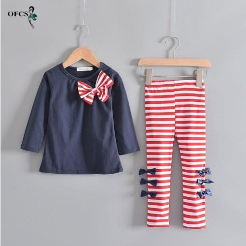 NEW 2-10 Years Childrens Suit Girls Clothes Set Cotton Full T-shirt Tops+Striped pants Sets For Newborn Outfits Kids Suits 2PCS