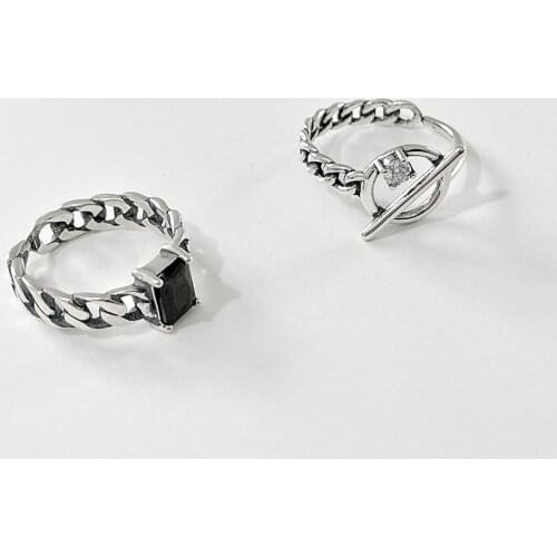 Punk retro Authentic 925 Sterling Silver FINE Jewelry N Chain Black Agate Aquare & Bar circle Ring adjust TLJ1679