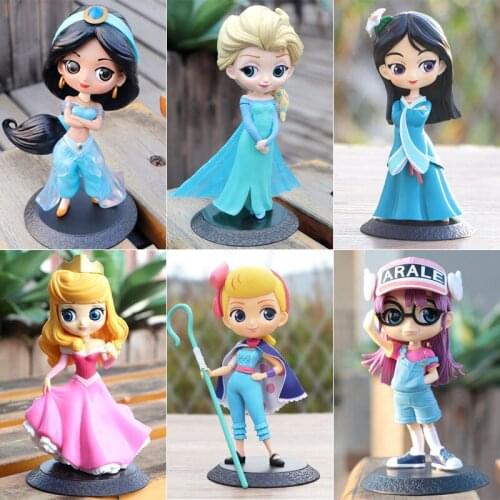 Q Posket Princess Snow White Elsa Anna Rapunzel Jasmine Cinderella Sofia Arale Mulan PVC Figure Model Toy Cake Model Dolls Gifts