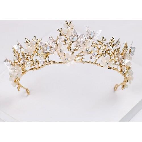 Luxury Baroque Princess Birthday Crown Headband Butterfly Flower Pearl Bride Headdress European & American Wedding Party Jewelry