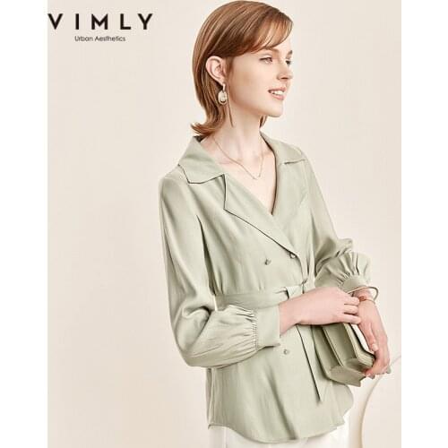 Vimly Autumn Womens Shirts Fashion Notched Buttons Belt Solid Long Sleeve Tops Office Lady Work Wear Female Blouse F1650
