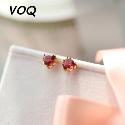 VOQ 925 Sterling Silver Love Heart Zircon Stud Earrings Red Little Love Heart Stud Earrings Female Students Youth Jewelry Gift