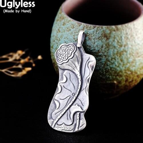 Uglyless Deformed Square Pendants for Women Ethnic Thai Silver Lotus Leaf Necklaces NO Chains Vintage 925 Silver Lotus Jewelry