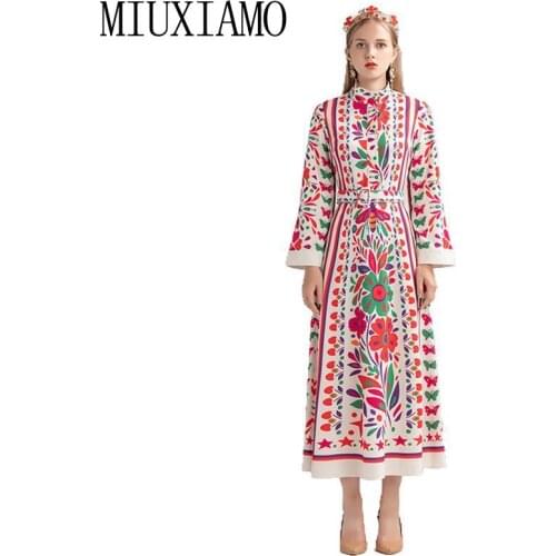 MIUXIMAO 2021 Spring Full Sleeve Dress Fashion Runway Floral Print Vintage Elegant Long Dress Women Vestidos With Belt