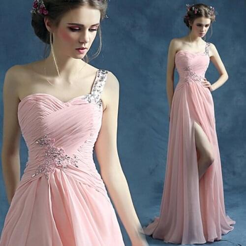 Hot sexy one shoulder long pink chiffon a-line crystal Evening Dress 2015 new design vestido de festa longo robe de soiree
