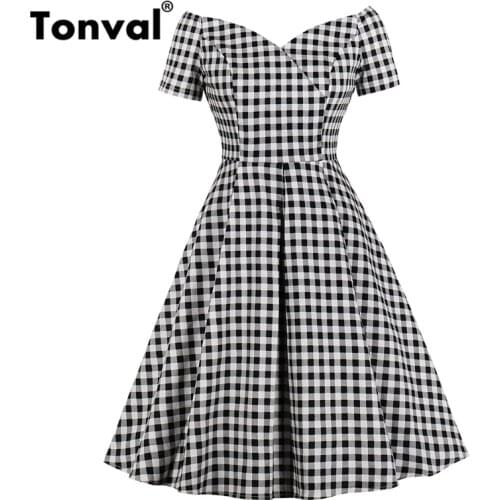 Tonval Vintage Plaid Off the Shoulder Elegant Midi Women Dress Office Lady Gingham Dresses Party V Neck Sexy Cotton Dress
