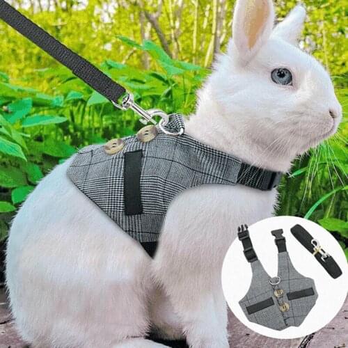 Bunny Vest Gray Plaid Harness with Leash Small Pets Vest Animal Clothes Rabbit Formal Suit Style for Walking Jogging