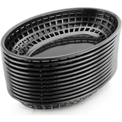 12pcs 9.25" Oval Baskets Plastic Fast Food Baskets Black Red Serving Platter Plastic Dinner Plates Restaurant Food Bread Tray