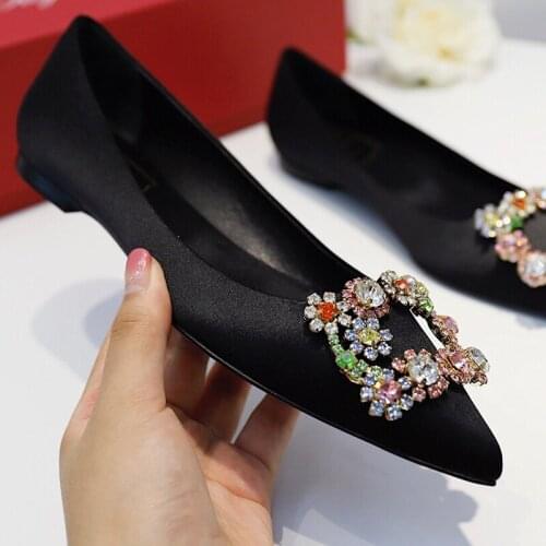 2020 Brand Rhinestone Silk Women Flat shose Elegant Heels Sexy Shoes Pointed Toe Ladies Shoes Extreme Leather Womens shose