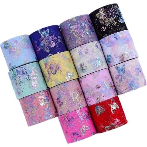 25Yards/Roll 6CM Colorful Butterfly Shining Tulle Organza Ribbon HX06 DIY Bow Hair Accessories Tutu Skirt Girl Hairpin Material