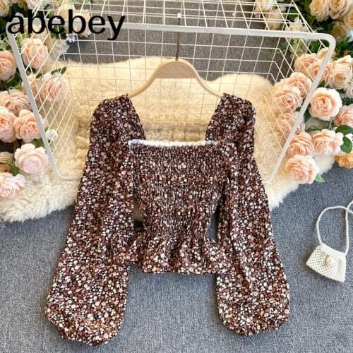Women Boho Floral Blouse French Lace Square Collar Puff Sleeve Slim Ruffles Tops Autumn Korean Elastic Ruched Blouses