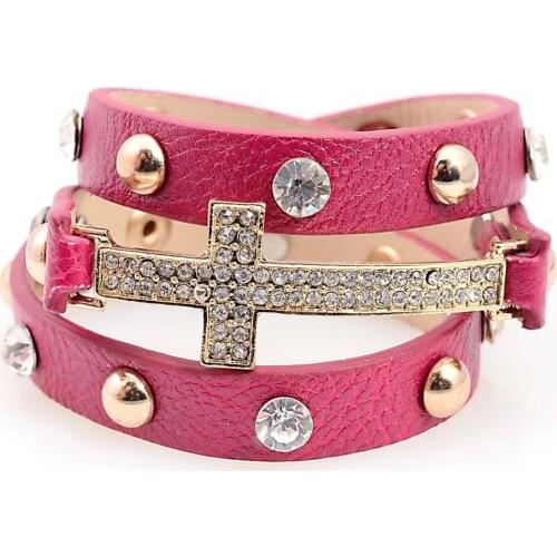 Miasol Double Wrap Leather Bracelet With Micro Pave CZ Disco Cross Charm Multiple Wrap Crystal Charm Bracelet For Women Gift