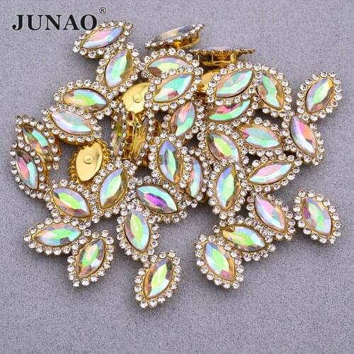 JUNAO 30pc 5*10mm Glitter Gold Claw Crystal with Setting Sewing Glass Rhinestone Button Horse Eye Decorative Stones For Clothes