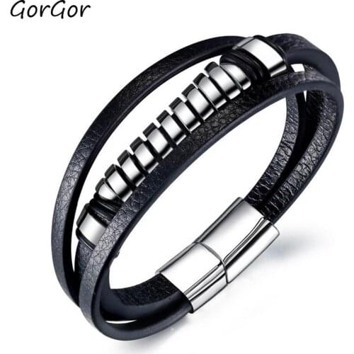GorGor Bangles Men Stainless Steel Pattern Fiber Synthetic Leather Multilayer Individuality Fashion Party Accessories 1368
