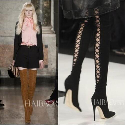 Hot Selling Black Suede Leather Pointed Toe Over The Knee Boots Cut-out Lace-up Strappy Gladiator Sandal Boots Women Drop Ship