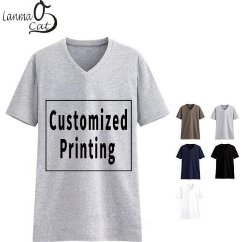 Lanmaocat Cotton V Neck T Shirts for Men Custom Text V Neck T Shirts Women Customized Photo Tshirts Blank T Shirt Free Shipping