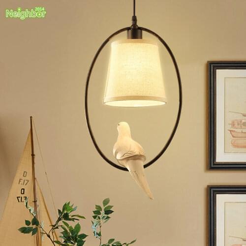 Country Pastoral Resin Bird Pendant Light Lamp Holder Fabric Lampshade Decorate Design for Dining Room Kitchen Lighting Fixtures
