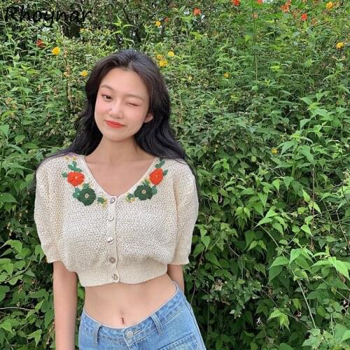 Cardigans Women Leisure Cropped All-match O-neck Fashion Summer New Sweet Elegant Embroidery Female Sweater French Style Cozy