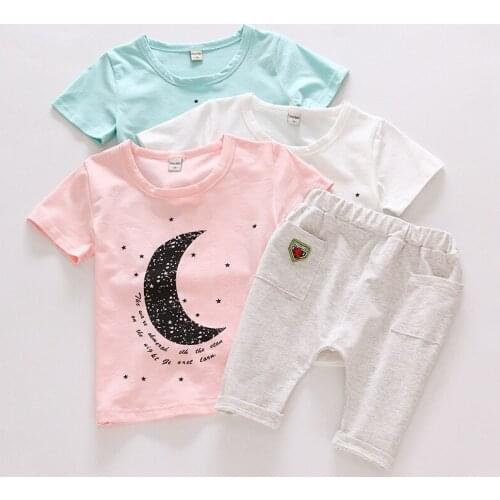 Summer Children Clothing Set New Pattern Kids Bodysuit Pure Cotton Short Sleeves T-shit+ Casual Pants Half Moon Boy Girls Outfit