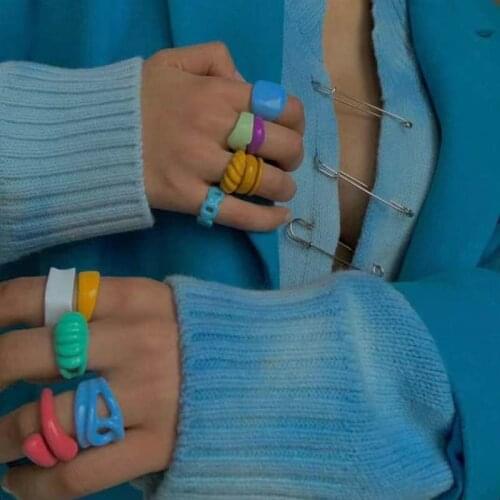 Vedawas Korean Fashion Irregular Geometric Hand-painted Rainbow Stack Rings for Women Girls Creative Croissant Rings Party INS