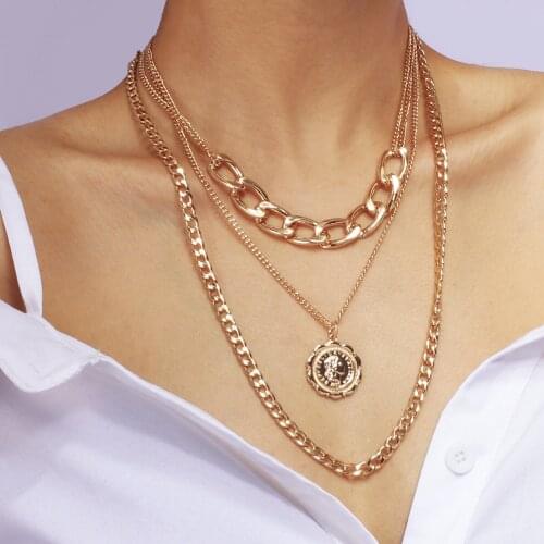 Lifefontier Punk Multilayer Cuban Chain Choker Big Coin Pendant Necklace for Women Golden Metal Chunky Chain Necklace Jewelry