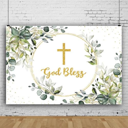 Mocsicka Baby Shower Backdrop Newborn Baptism God Bless Background Photography Gold Cross Green Leaves Photo Studio Photocall