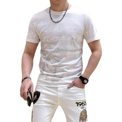 Mens T-shirt Korean Fashion Casual Summer Round Neck T-shirt Top, Elk Graphic T-shirt, Letter Ice Silk Short-sleeved T-shirt