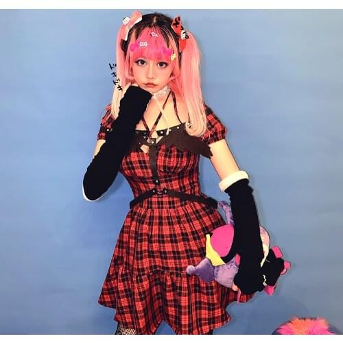 New Summer Harajuku Hot Girl Fashion Red Puff Sleeve Stitching Princess Dress Lolita Temperament Slim Sweet Kawaii Dress