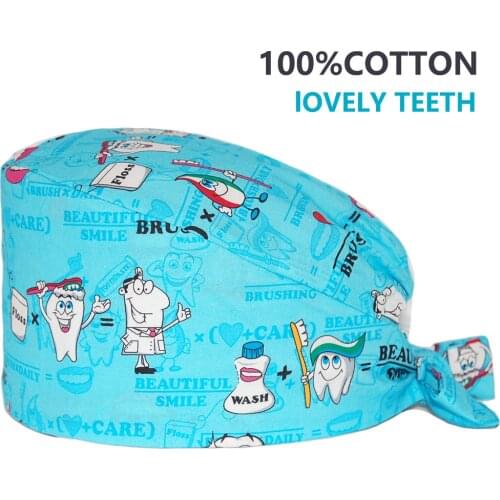 New Scrubs Cap Women Men Cotton Cartoon Teeth Print Nursing Caps Beauty Salon Pet Shop Nurse Working Accessories Surgicals Hats