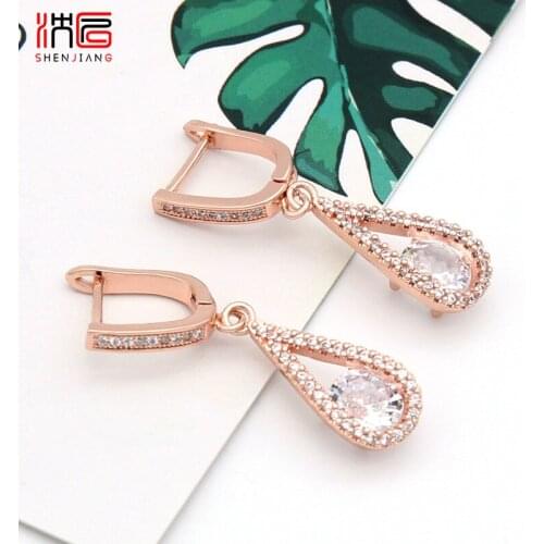 SHENJIANG New Trendy Water Drop Cubic Zirconia Dangle Earrings For Women Wedding Party Jewelry 585 Rose Gold Luxury Eardrop