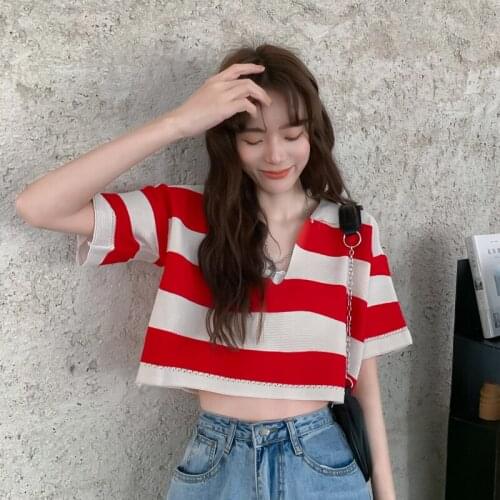 Cropped Crochet Top for Women Girl Kawaii Knitted T Shirt Harajuku Striped Tshirt Tee Clothes Clothing Korean Fashion 2021