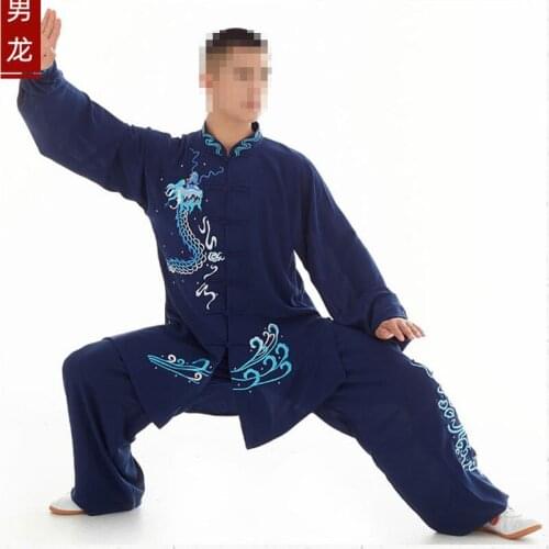 Customized Women/Men Autumn/Winter Blue Embroidery Dragon Phoenix Tai Chi Suits Wushu Kung fu Uniform Martial Arts Clothing