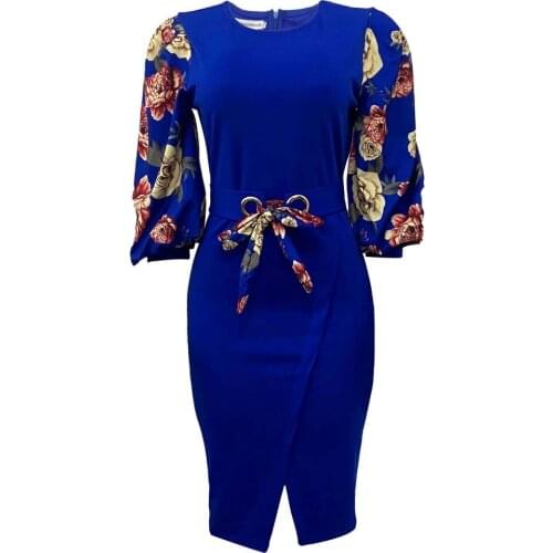 Women Elegant Bodycon Dresses O Neck Three Quater Sleeves High Waist Office Ladies Work Wear Package Hip African Fashion Spring