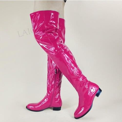 DOBANER Women Over Knee Boots Shiny Round Toe Side Zip Low Chunky Heels Shoes Woman Boots Tall Unisex Plus Size 43 44 47 50 52