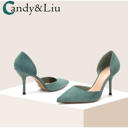 Little Fresh Girls High Heels Womens 2021 Spring and Summer New Tea Green Sexy 8cm Hollow Pointed Thin Heel Shoes