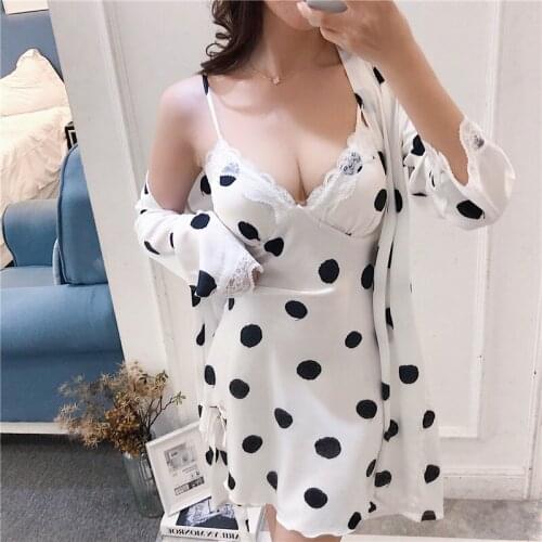 Polka dot robe sets 2 piece in 1 sexy women sleeping tops white night outfit 2020 pajamas for women Suspenders night dress FG103