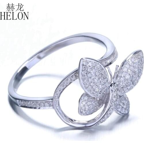 HELON Solid 10k White Gold Pave 0.45CT Genuine Natural Diamond Engagement Wedding Ring Women Butterfly Shape Trendy Fine Jewelry