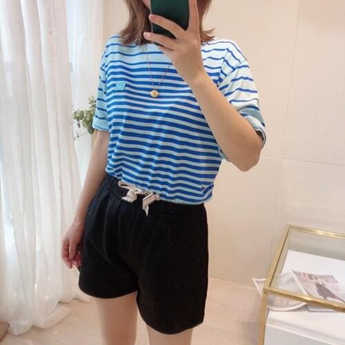 2021 Summer Unisex Striped Smiley T-shirt Short-sleeve Loose Casual O-neck Women and Men Tees