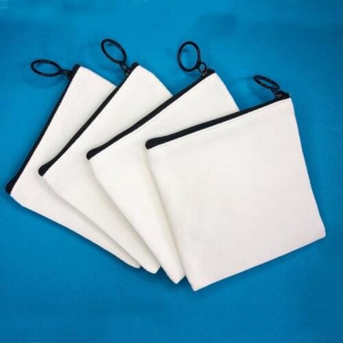 300Pcs/Lot Blank Canvas Zipper Pouches Cotton Cosmetic Bags With Black Metal Ring Makeup Bags Cotton Canvas Coin Purse