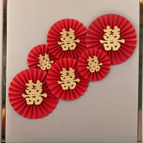 6Pcs/Set 20cm/25cm/30cm Chinese Style Red Wedding Paper Fan Happy Valentine Day Party Home Wall Backdrop Decoration DIY Decor