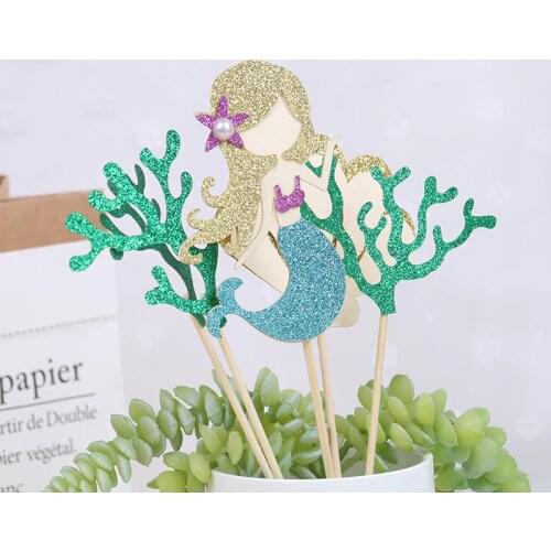 6pcs/set Blue Fishtail Cake Topper For Childrens Day Party Supplies Birthday Dessert Cute Mermaid Decorations Laser