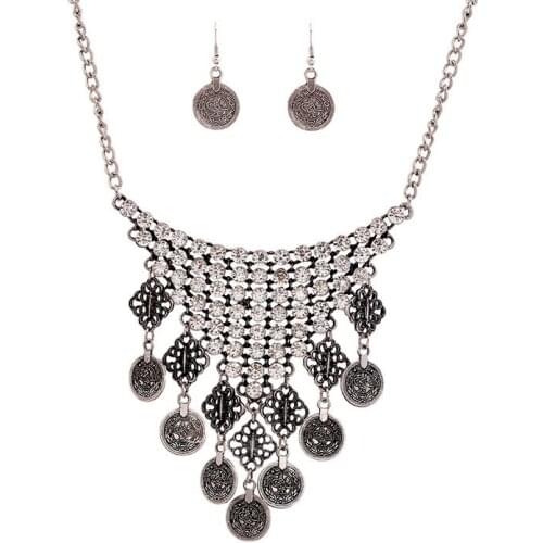 Bohemian Rhinestone Crystal Floral Design Coin Tassel Bib Necklace Earrings Set Beachy Ethnic Turkish Jewerly Set
