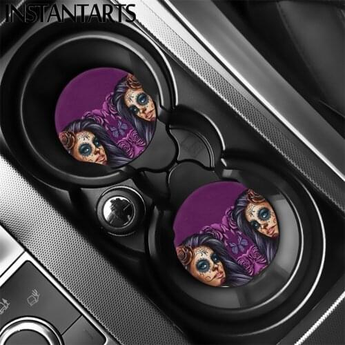 INSTANTARTS Floral Sugar Skull Prints Anti Slip Car Coaster Universal Fit Most Car Car Cup Holder Coasters Fashion Car Protector