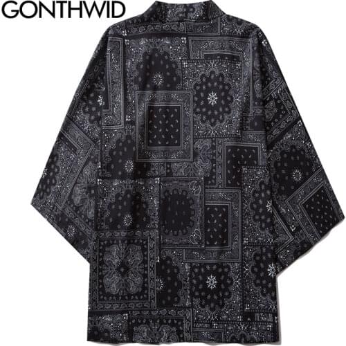 GONTHWID Men Japanese Kimono Cardigan Cashew Flowers Print Shirts Streetwear Hip Hop Casual Open Front Jackets Coat Tops Summer