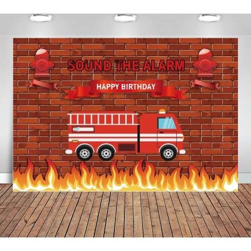 Red Firetruck Birthday Party Backdrop Sound The Alarm Baby Photography Background Brick Wall Fire Emergency Rescue Firefighter
