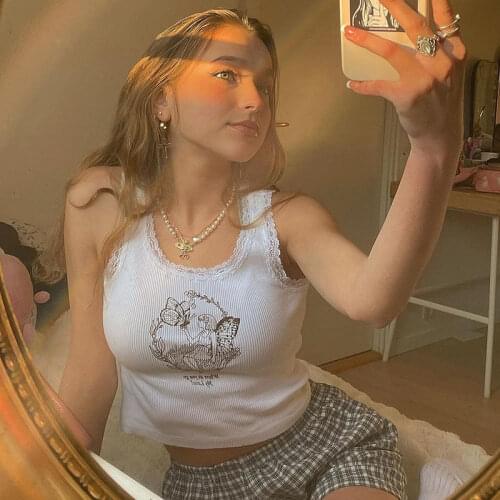 Summer new all-match short cropped T-shirt female butterfly fairy print camisole cartoon print lace trim white top cute slim top