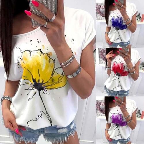 Summer Casual Women Flower Print One Shoulder Loose Short Sleeve T-Shirt Top New Chic Vintage