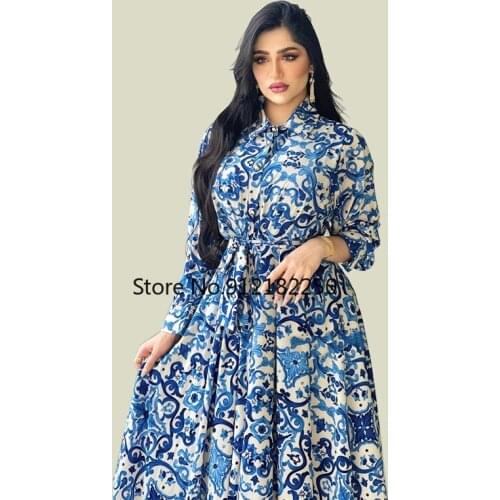 Fashion Chain Printed Maxi Dress Abaya Muslim Women Button Down Belted Shirt Dresses Long Sleeve A-Line Hijab Robe Dubai Islam